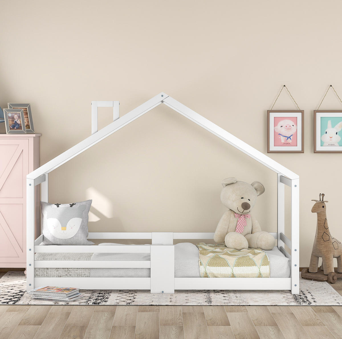 HAUSBETT 90/200 cm Weiß aus Massivholz mit Rausfallschutz und Schornstein - Weiß, Holz (90/200cm) - Flora Grace