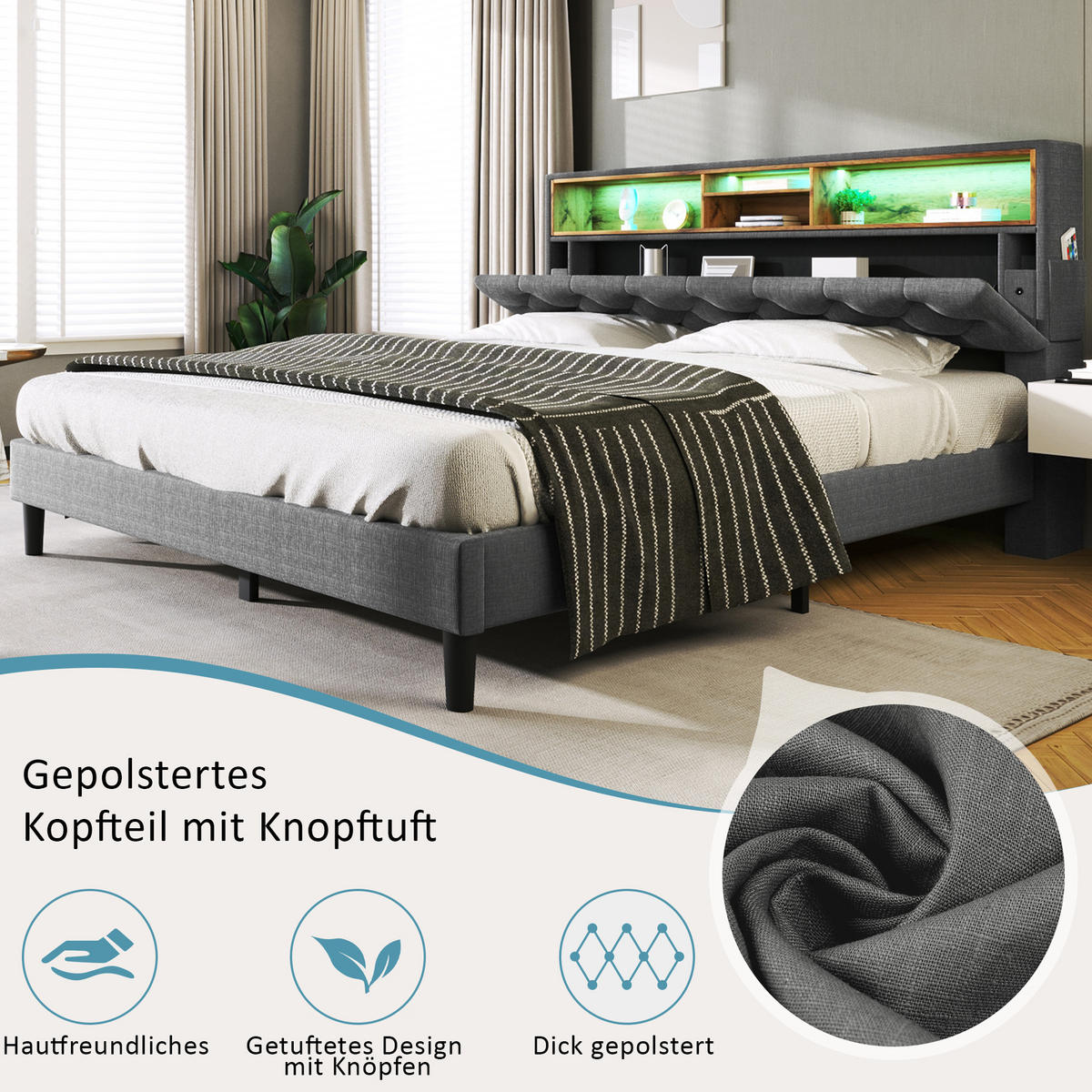 POLSTERBETT 140/200 cm DE-00430, in Grau, Stauraum-Kopfteil und LED - Grau, Holz (140/200cm) - ComfortXL