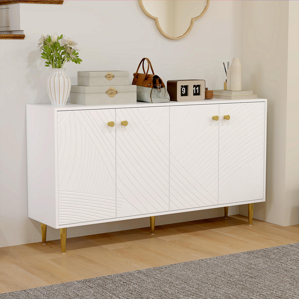 SIDEBOARD DE-11145 Mit verstellbaren Böden & Goldakzenten Weiß - Weiß, Holzwerkstoff (140/77.5/35cm) - ComfortXL