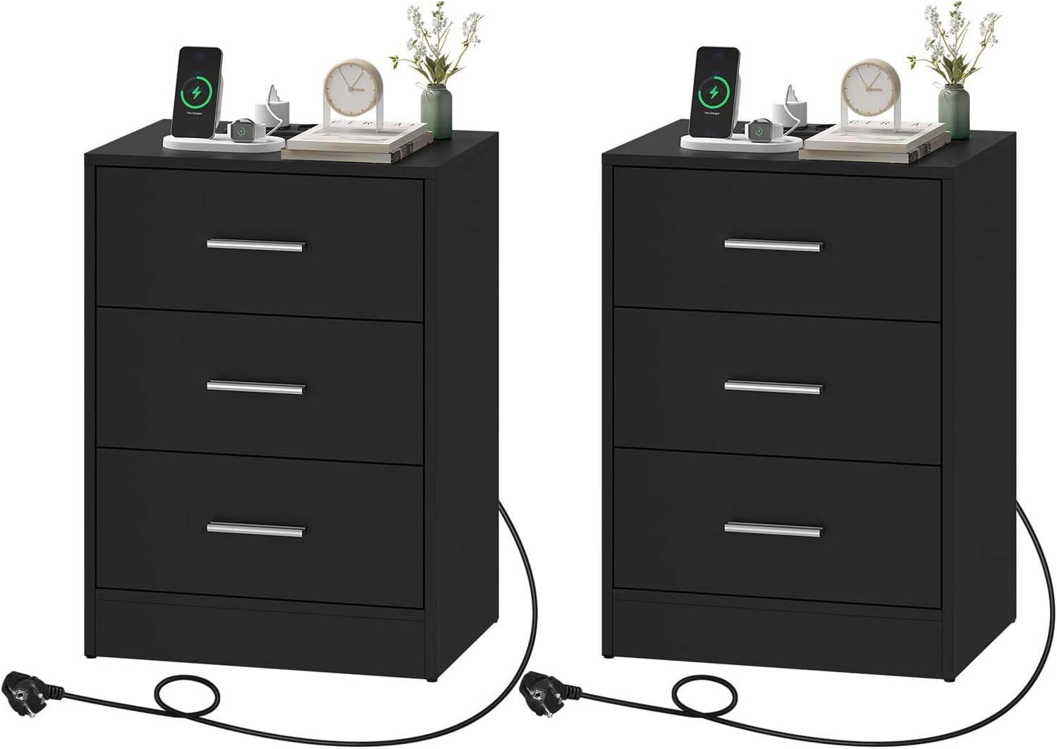 NACHTTISCH 2er Set, Beistelltisch mit Ladefunktion, Schwarz - Schwarz, Holzwerkstoff (39/54/28cm) - Woltu