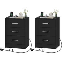 NACHTTISCH 2er Set, Beistelltisch mit Ladefunktion, Schwarz - Schwarz, Holzwerkstoff (39/54/28cm) - Woltu
