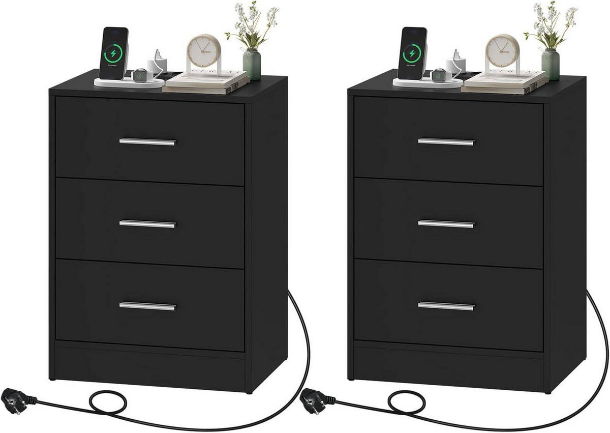 NACHTTISCH 2er Set, Beistelltisch mit Ladefunktion, Schwarz - Schwarz, Holzwerkstoff (39/54/28cm) - Woltu