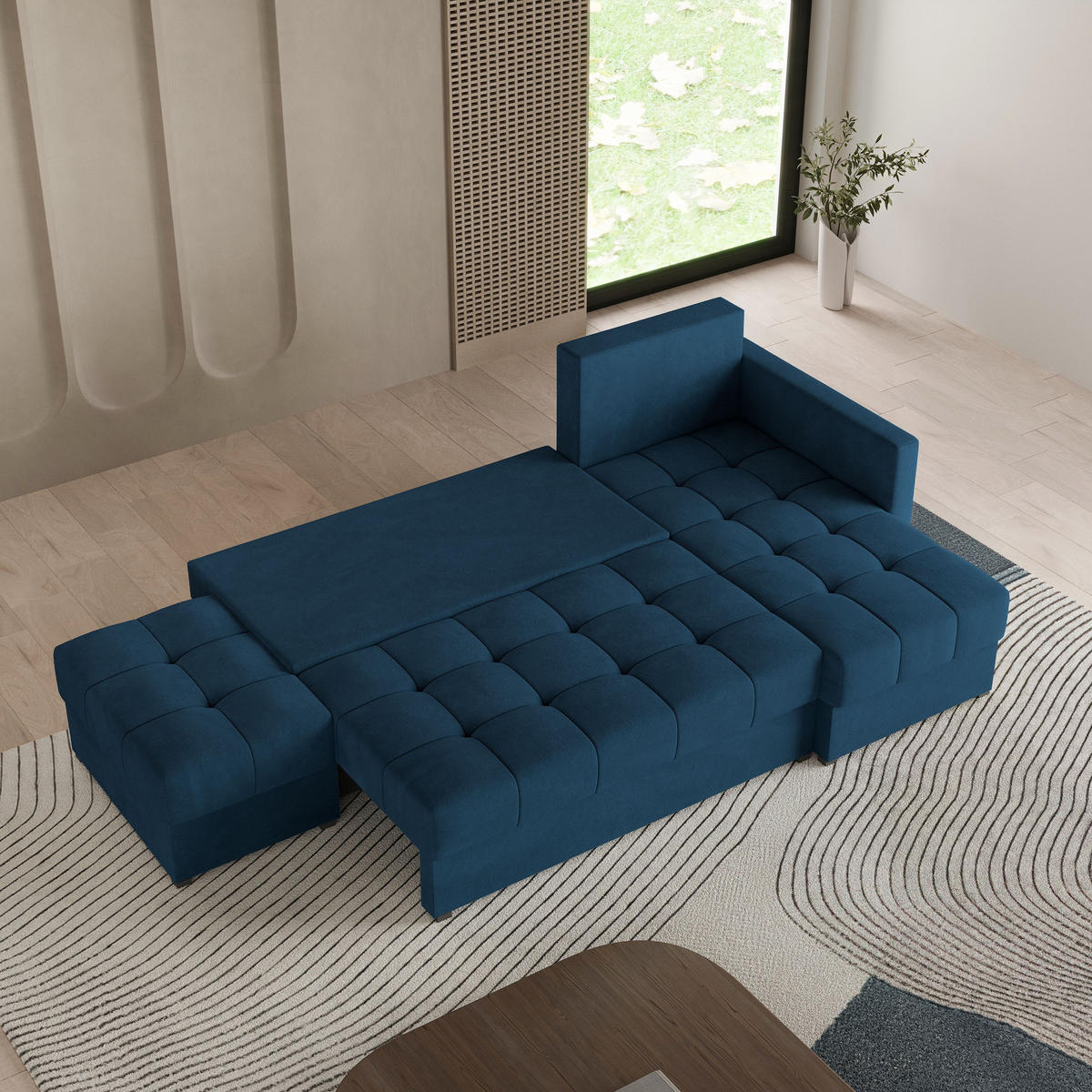 ECKSOFA LUMARI R-S Blau Plüsch-Stoff mit Schlaffunktion - Blau, Holz (262/143cm) - MASSENO
