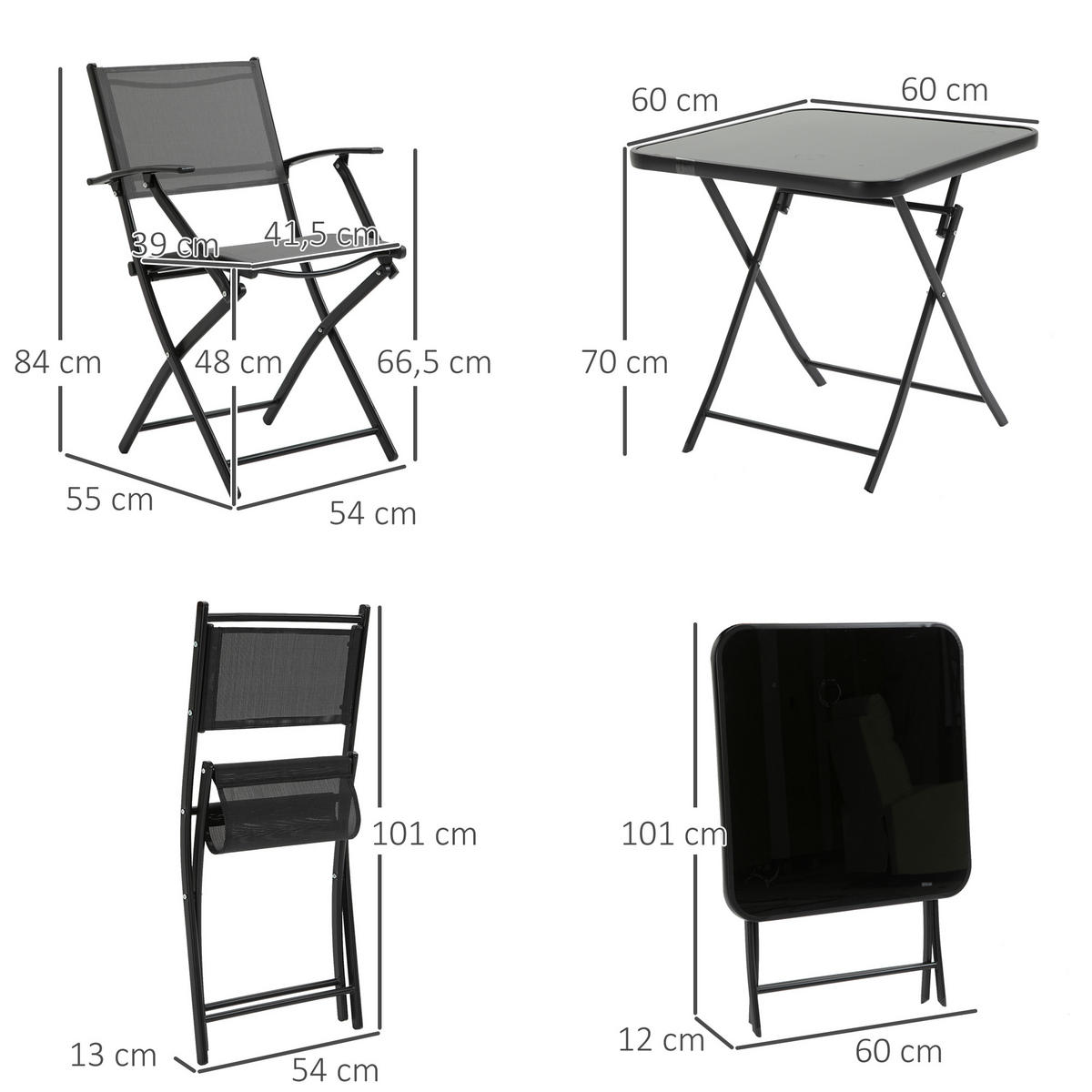 SITZGRUPPE, Schwarz, Metall, Glas, Mesh - Schwarz, Metall - Outsunny