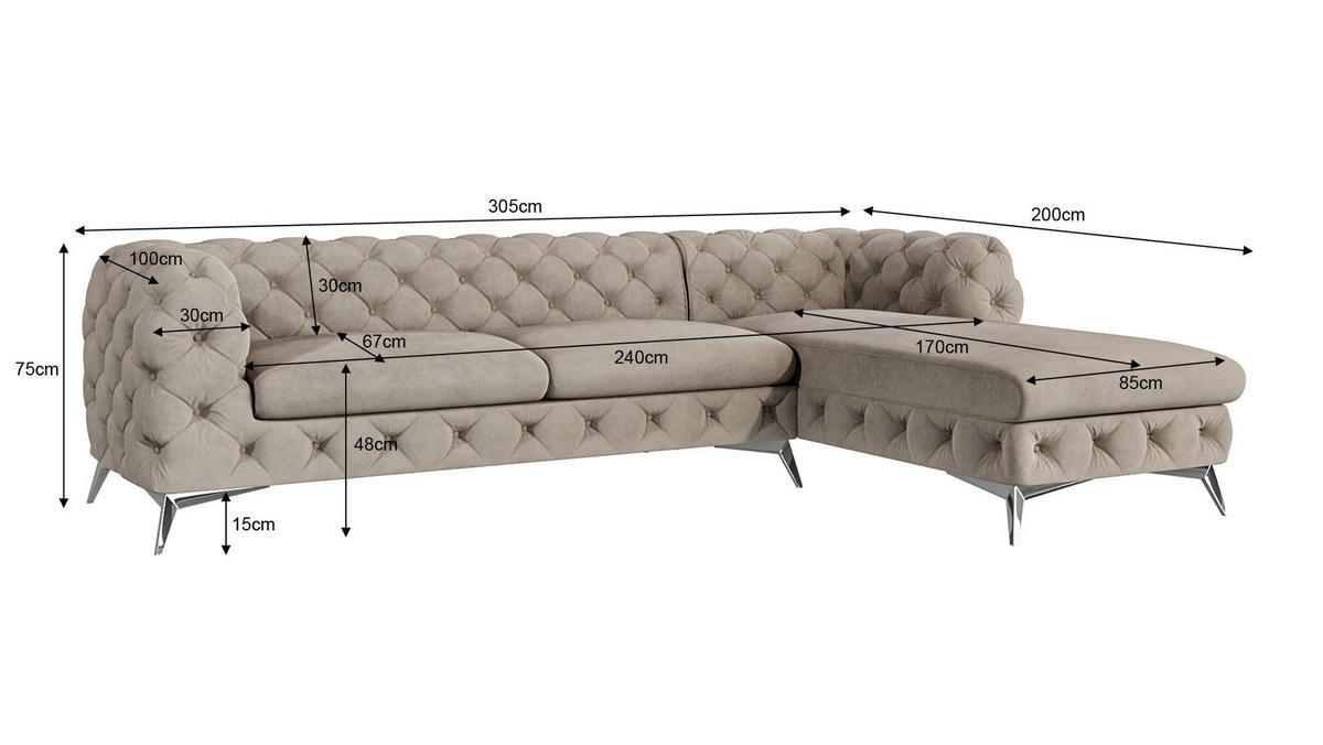 ECKSOFA Chesterfield Laura Dunkle Creme Samt - Silberfarben/Creme, Holz/Textil (305/200cm) - S-Style Möbel
