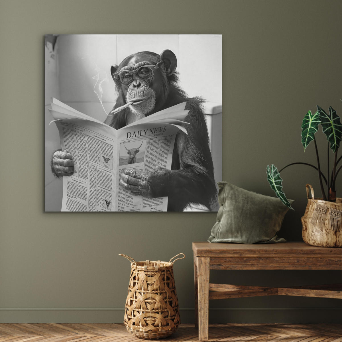 AKUSTIKPANEEL Affe - WC - Zeitung - Schwarz-Weiß - Humor 90x90 cm - Hellgrau, Textil (90/0.9/90cm) - MuchoWow