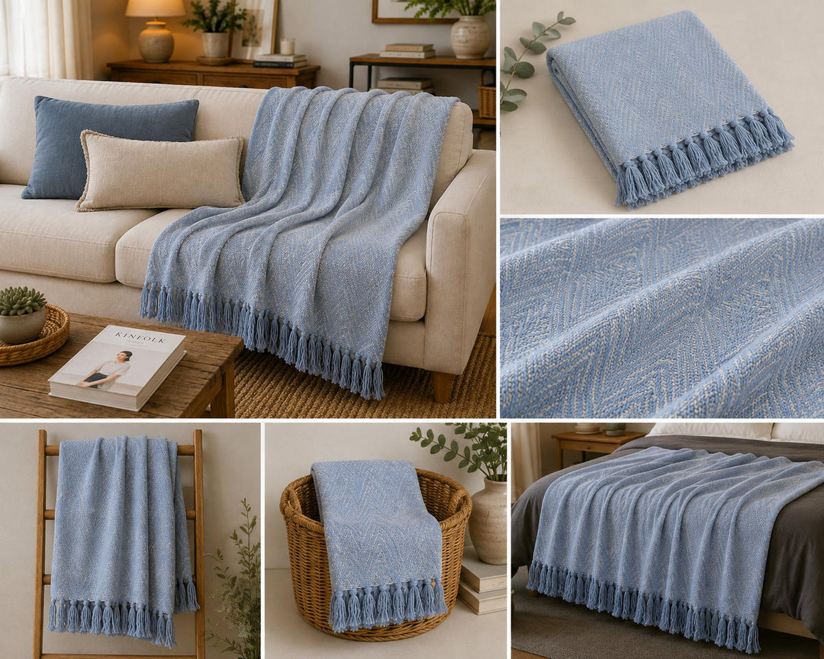 WOHNDECKE Baumwolle 130x180 cm mit Fransen – Zeitloses Design & weich - Rosa, Naturmaterialien (130/180cm) - AU Maison