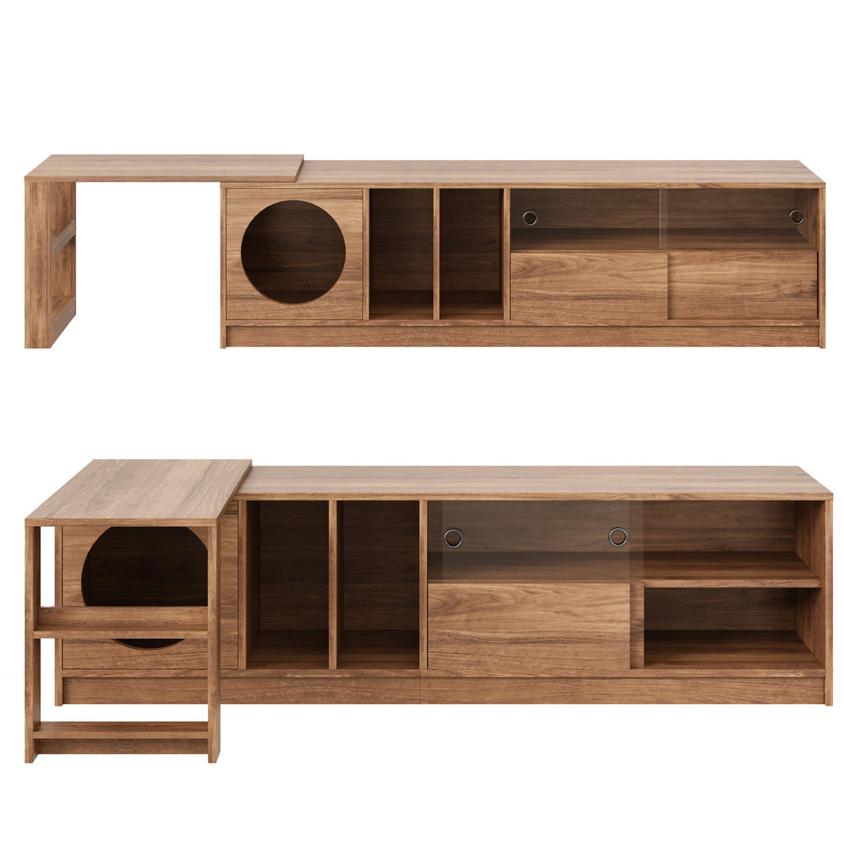NÍZKÁ komoda z MDF a skla, 180/40/50 cm ořechový, otočný a roztažitelný - barva vlašského ořechu, kompozitní dřevo (180/50/40cm) - BEAOK