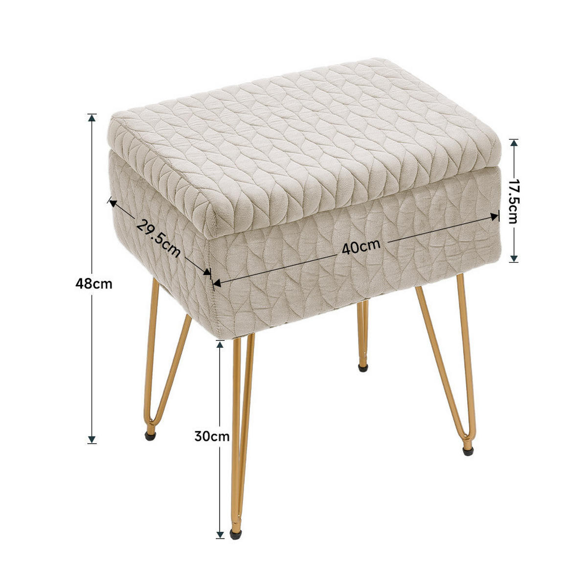SCHMINKTISCHHOCKER 40/30/48 cm Stauraum Metallbeine Plüschstoff Beige - Beige/Goldfarben, Holz/Textil (40/48/30cm) - Livingandhome