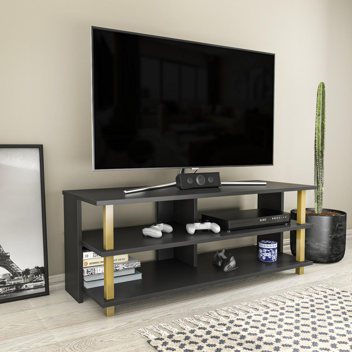 TV Board Pueblo Gold-Anthrazit - Anthrazit/Goldfarben, Holzwerkstoff (120/47/45cm) - Decorotika