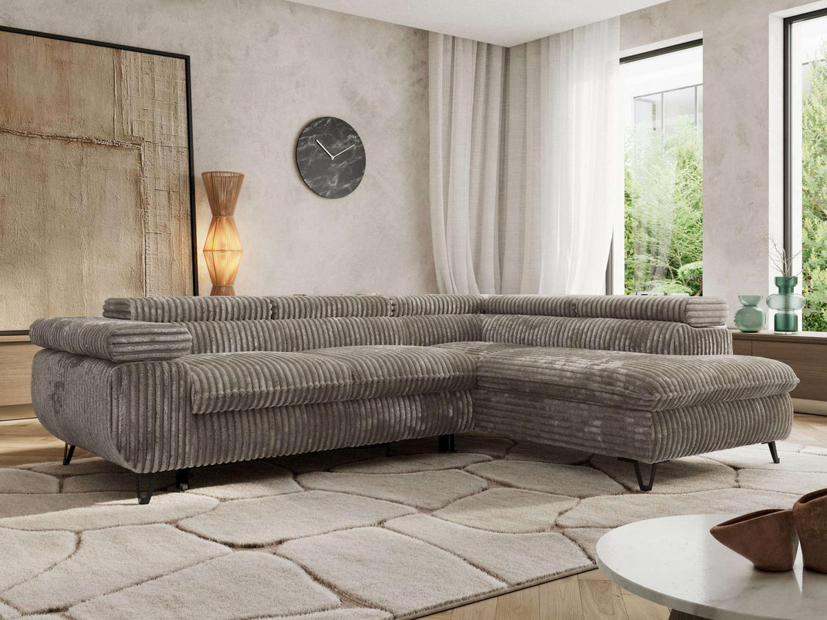 ECKSOFA PABLO L Grau Cord - Rechts Seite mit Visco Topper - Schwarz/Grau, Textil/Metall (273/208cm) - MKS