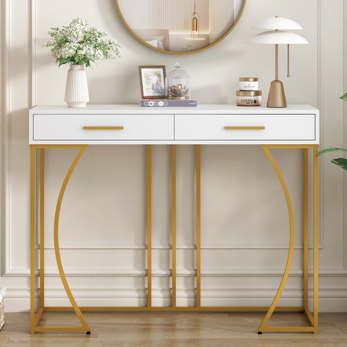 KONSOLENTISCH Golden und Weiß 110/32/85CM - Weiß, Holzwerkstoff/Metall (110/32/85cm) - Urban Meuble