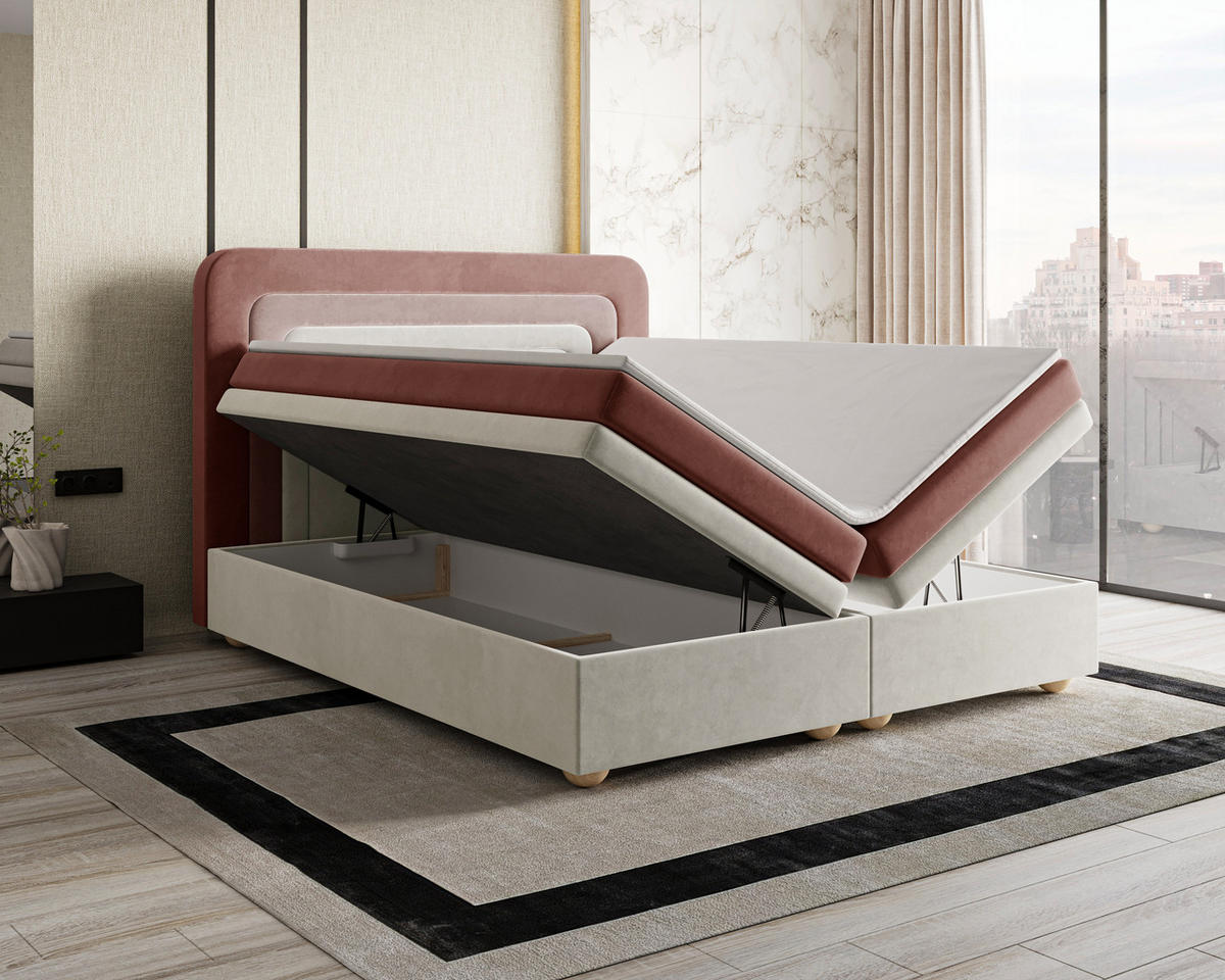BOXBETT - Bett 10 NEST - Riviera - 140x200 cm - Modernes Polsterbett mit Bettkasten - Rosa, Holz (140/200cm) - ROYAL24_MARKT