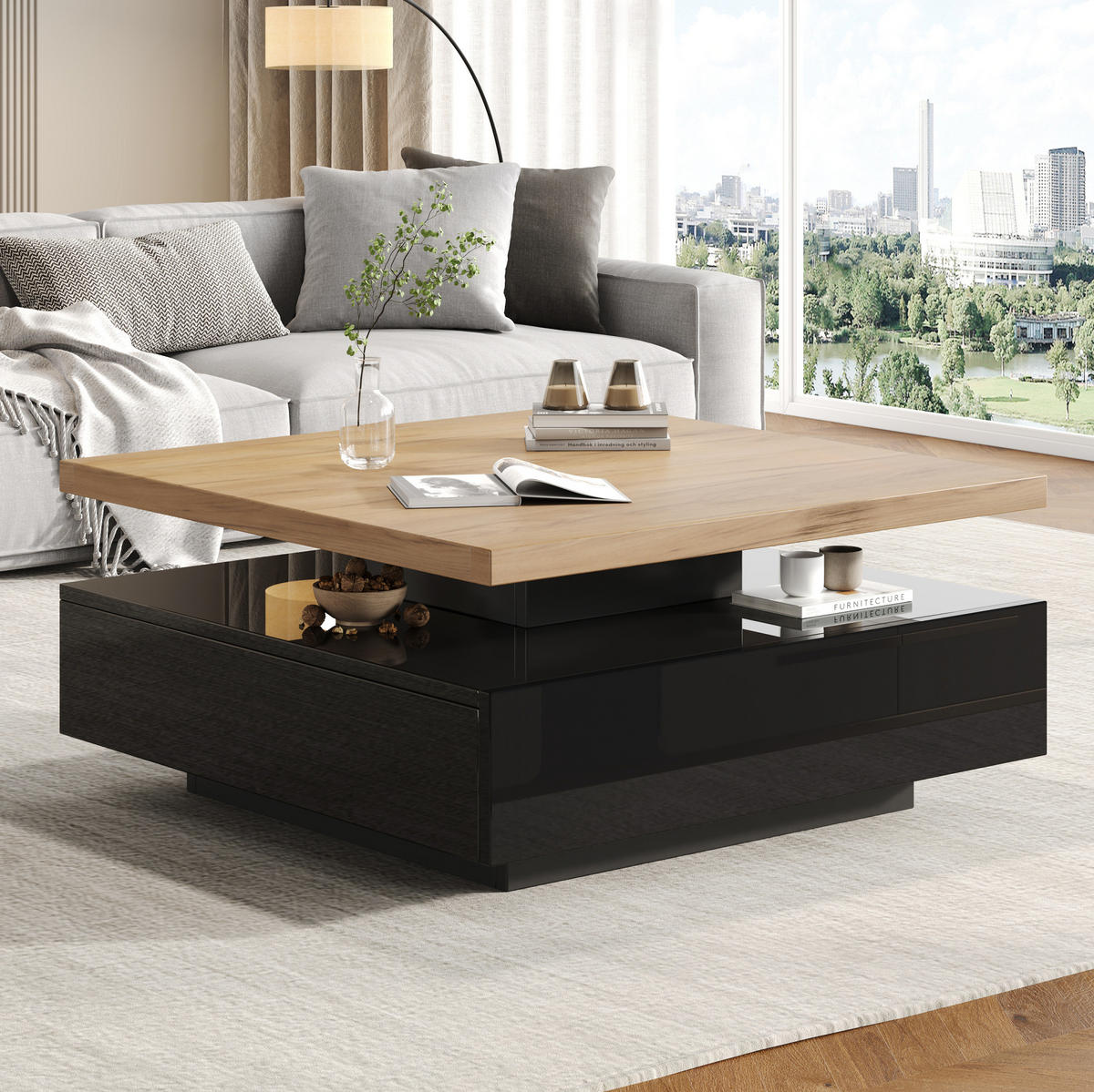 COUCHTISCH 70/70/36 cm mit 360° drehbarer Tischplatte und versteckter Schublade, Walnuss/Schwarz - Schwarz, Holzwerkstoff (70/70/36cm) - Redom