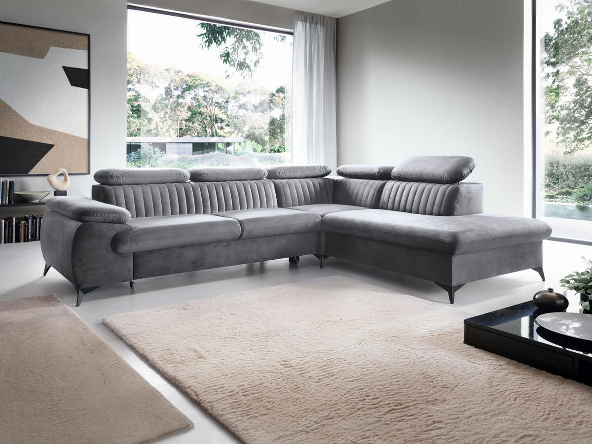 ECKSOFA FIORE Grau Velours-Stoff mit Schlaffunktion - Grau, Holz (275/221cm) - MASSENO