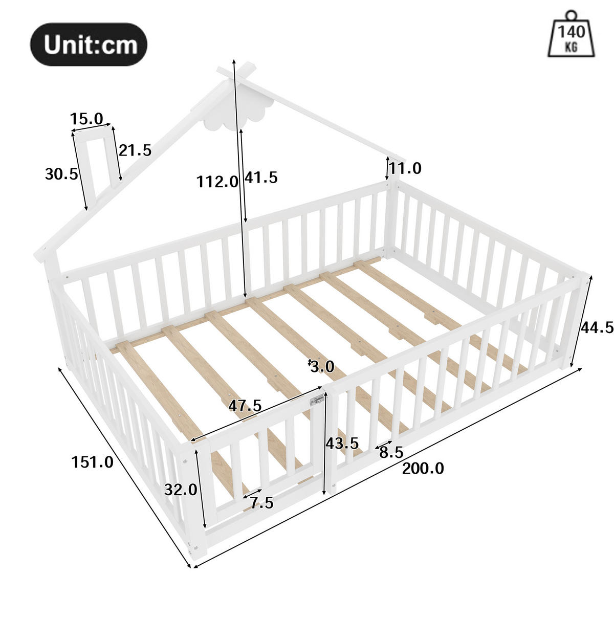 KINDERBETT 140/190 cm im Hausdesign mit Schutzgeländer und Verschluss, MDF, Weiß - Weiß, Holzwerkstoff (140/190cm) - Redom
