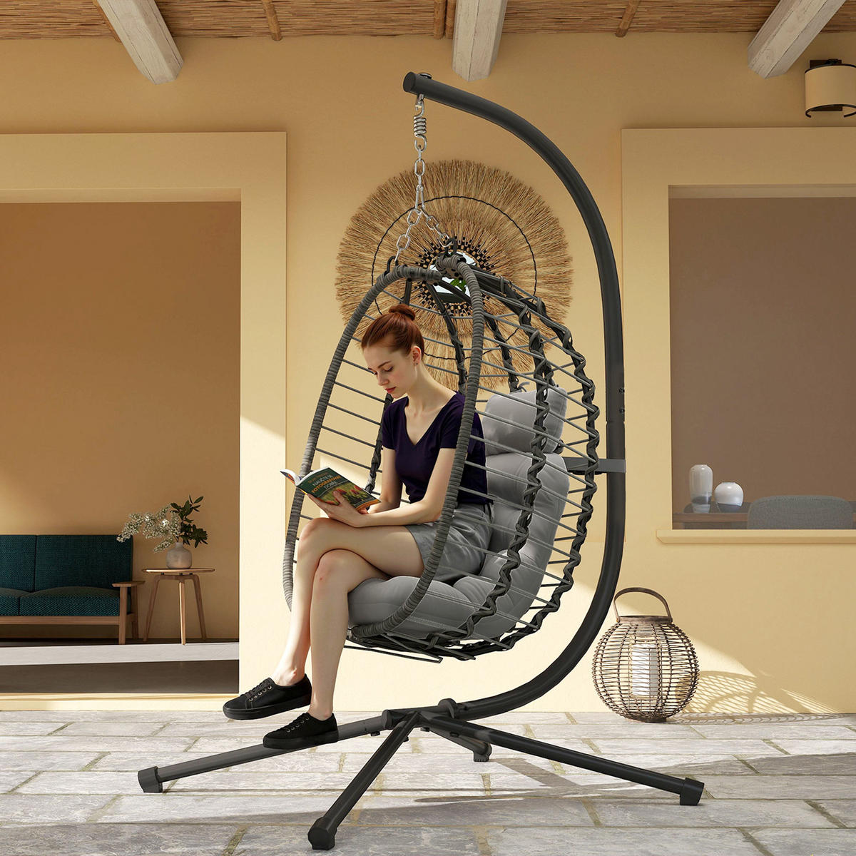 HÄNGESESSEL DE-13630 klappbar, höhenverstellbar, mit Gestell & Polster Grau - Grau, Metall (104/188/122cm) - ComfortXL