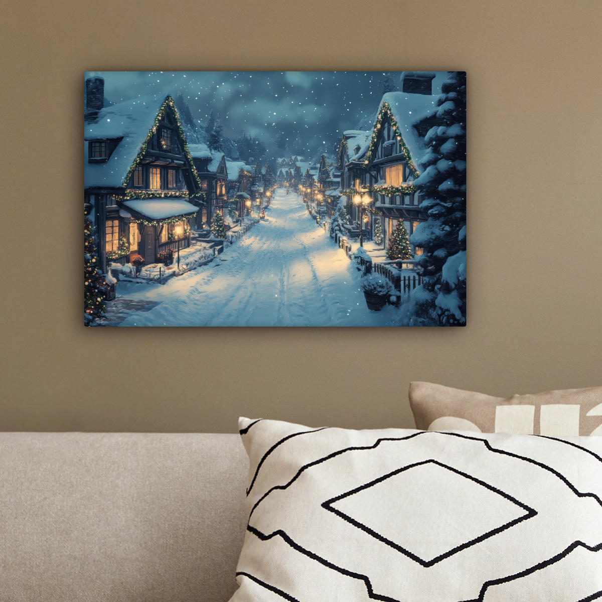 LEINWANDBILD Weihnachtsdorf - Weihnachten - Schnee - Winter 30x20 cm - Dunkelblau, Textil (30/20cm) - MuchoWow