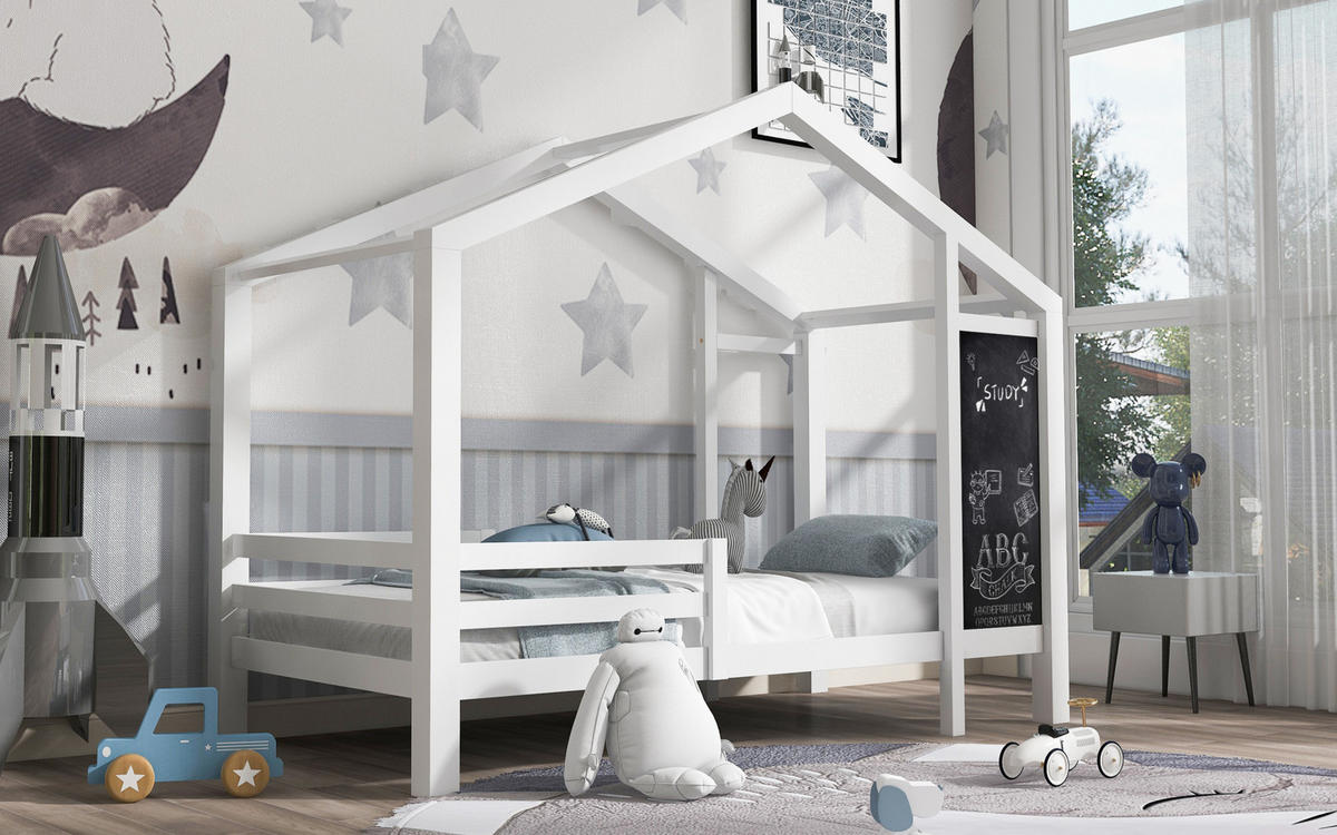 HAUSBETT 90/200 cm in Weiß – mit Dachaufbau, Tafel und 2 Schubladen - Weiß, Holz (90/200cm) - BEAOK