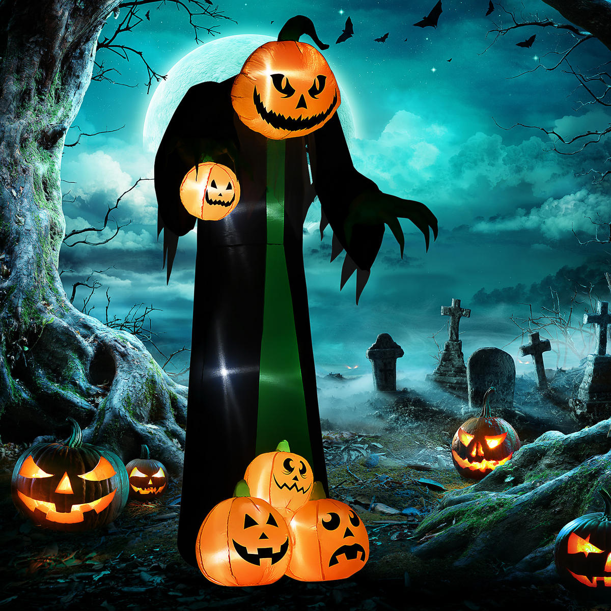 240 cm nafukovací dýňový duch, halloweenská dekorace s LED osvětlením, polyester - různobarevná, plast (96/240/129cm) - HOMCOM