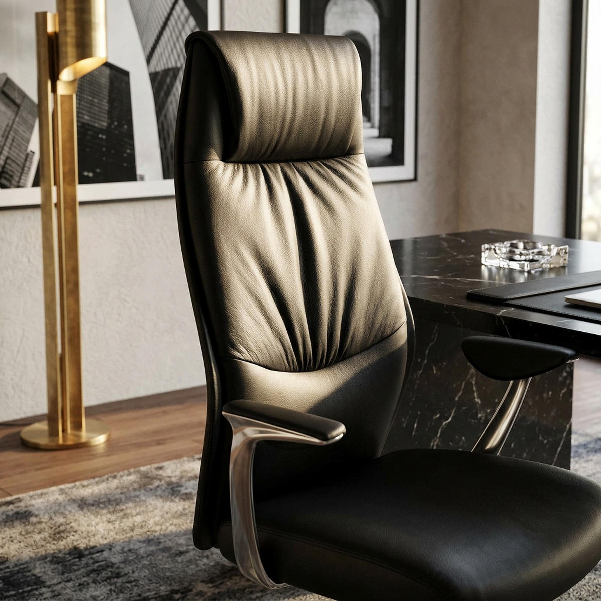 CHEFSESSEL Echtleder mit 3-Stufen-Synchronmechanik und Aluminiumfußkreuz TEMZA, Schwarz 67x58x125 cm - Silberfarben/Schwarz, Leder/Metall (67/125/58cm) - KADIMA DESIGN