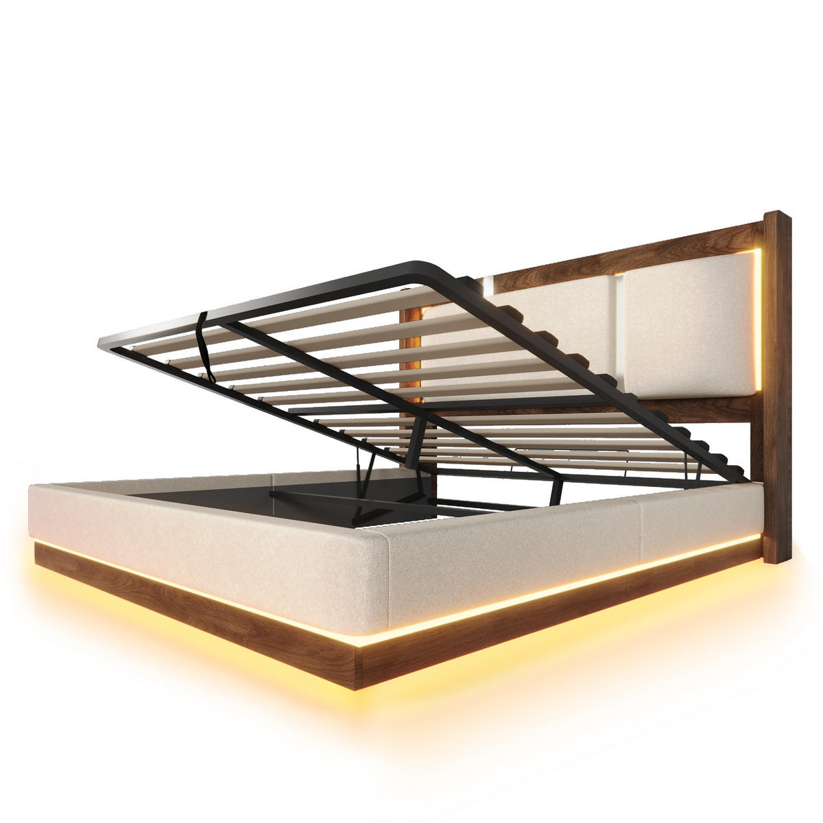 POLSTERBETT 140/190 cm Weiß mit LED und Bettkasten, ohne Matratze - Beige, Textil (140/190cm) - Oxeza