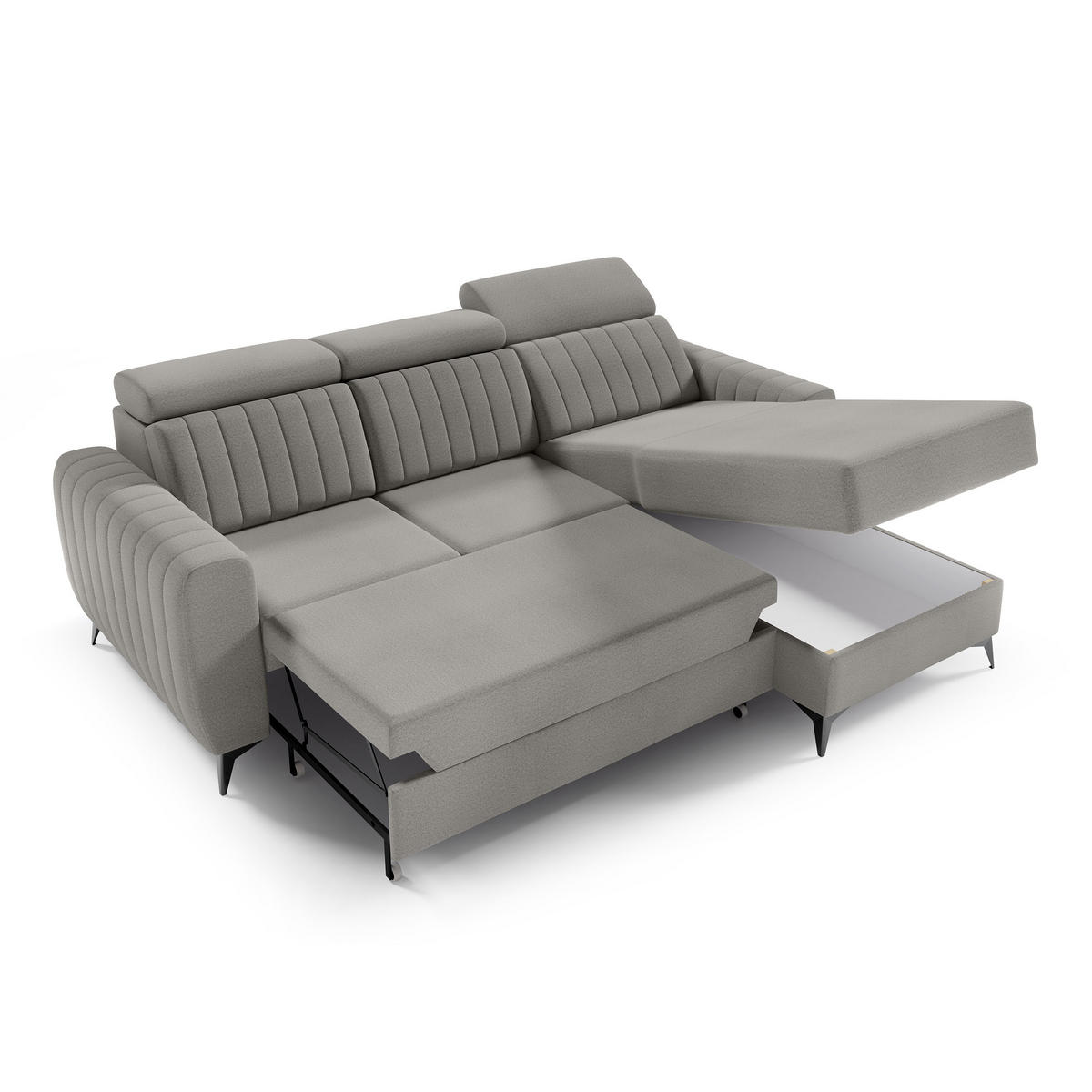 ECKSCHLAFSOFA Connor I verstellbare Kopfstützen, Dunkelbeige - Beige/Schwarz, Textil (238/176cm) - Beautysofa