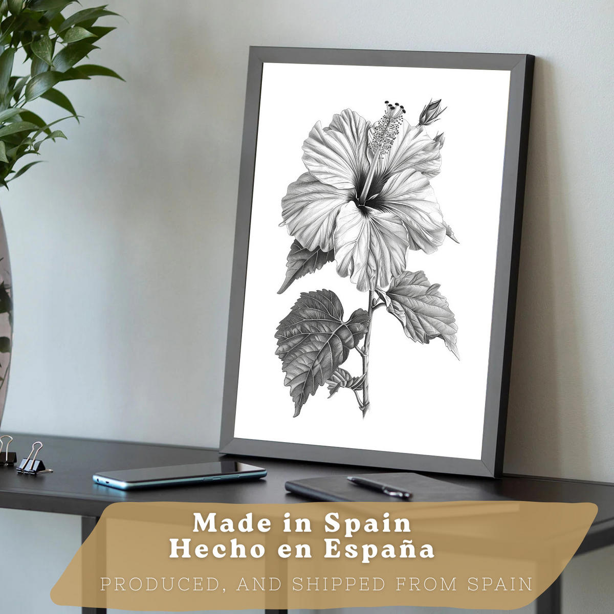 PLAKAT Sada 3 obrázků květin. Dekorativní nástěnné tisky Květiny tužkou. botanický plakát na zeď. Černobílé květinové malby.Černý rám velikosti A4 - černá, papír (29.7/42/3cm)