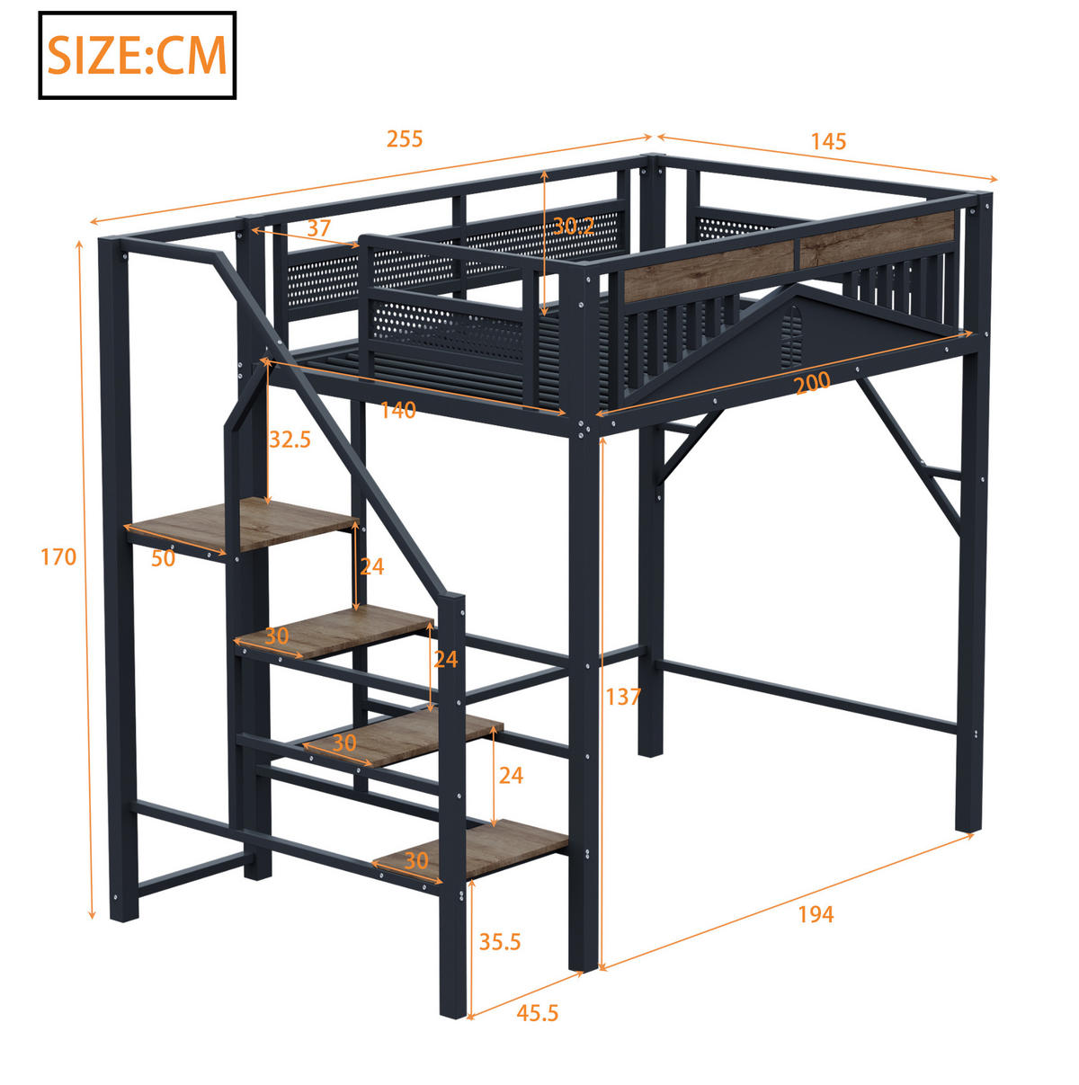HOCHBETT 140/200 cm aus Metall mit Sicherheitsleiter, Schwarz - Schwarz, Metall (140/200cm) - OKMYHOME