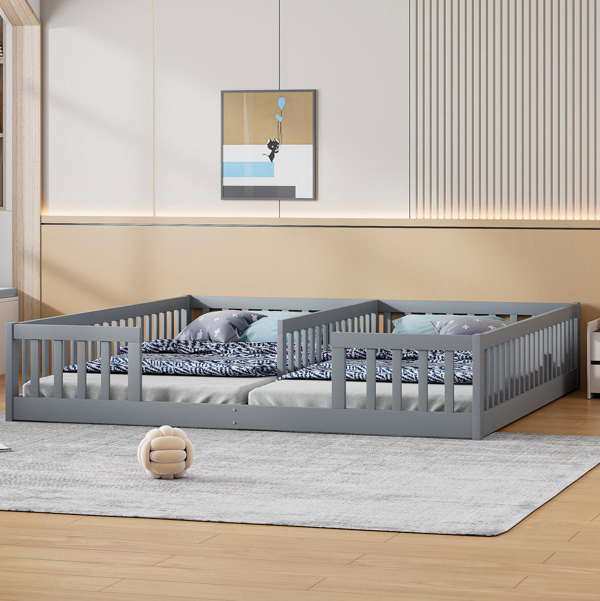 KINDERBETT 204/187/40 cm mit 2 Liegeflächen 90/200 cm und Sicherheitsgitter - Grau, Holz (90/200cm) - BEAOK