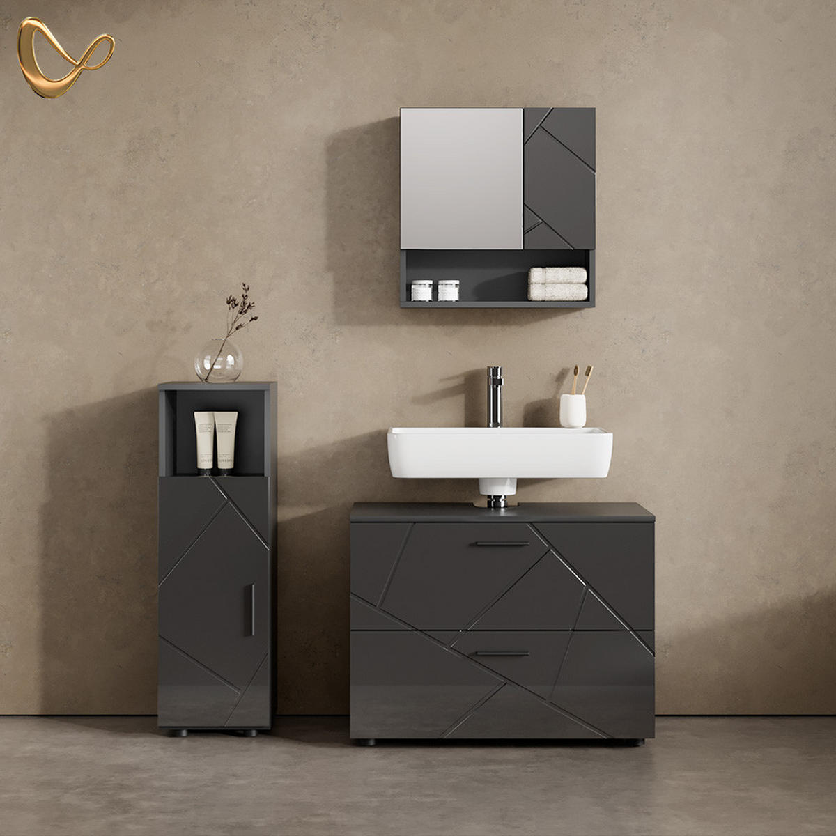 BADMÖBEL-SET Ronco Anthrazit Hochglanz 3 Teile, mit Midischrank - Anthrazit, Holzwerkstoff (80/58/41cm) - Livinity®