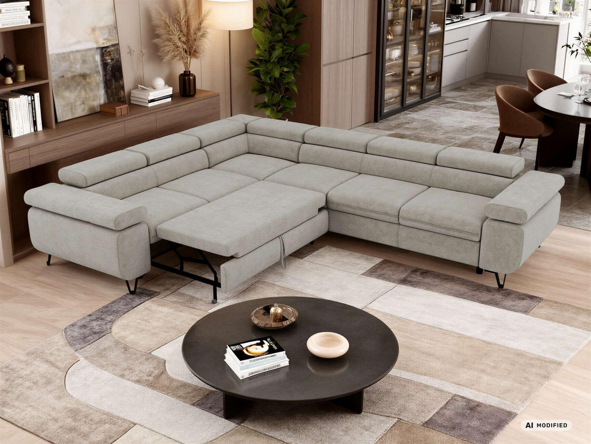 ECKSOFA NORDEN L - Hellgrau Stukture - Rechts Seite - Hellgrau/Schwarz, Textil/Metall (329/269cm) - MKS