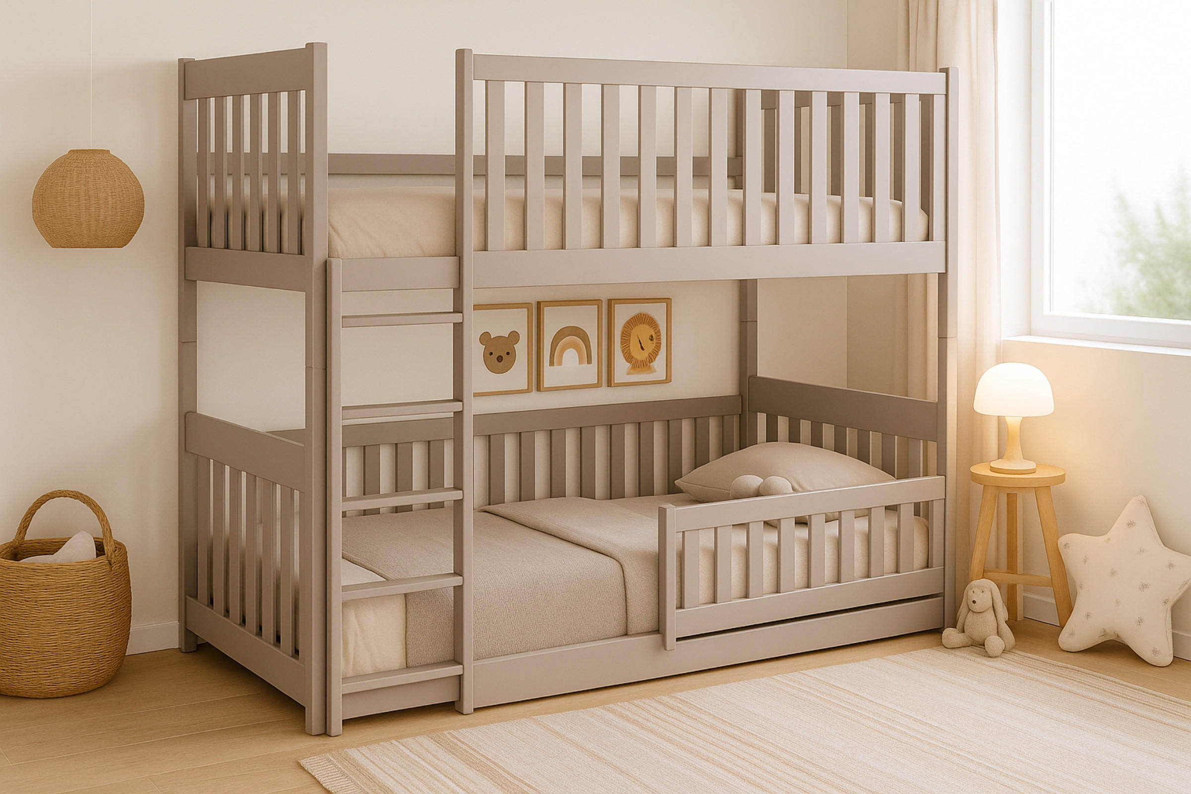 ETAGENBETT CORA 90/200 Cashmere mit abnehmbarem Rausfallschutz - Beige, Holz/Holzwerkstoff (90/200cm) - Deine Möbel 24