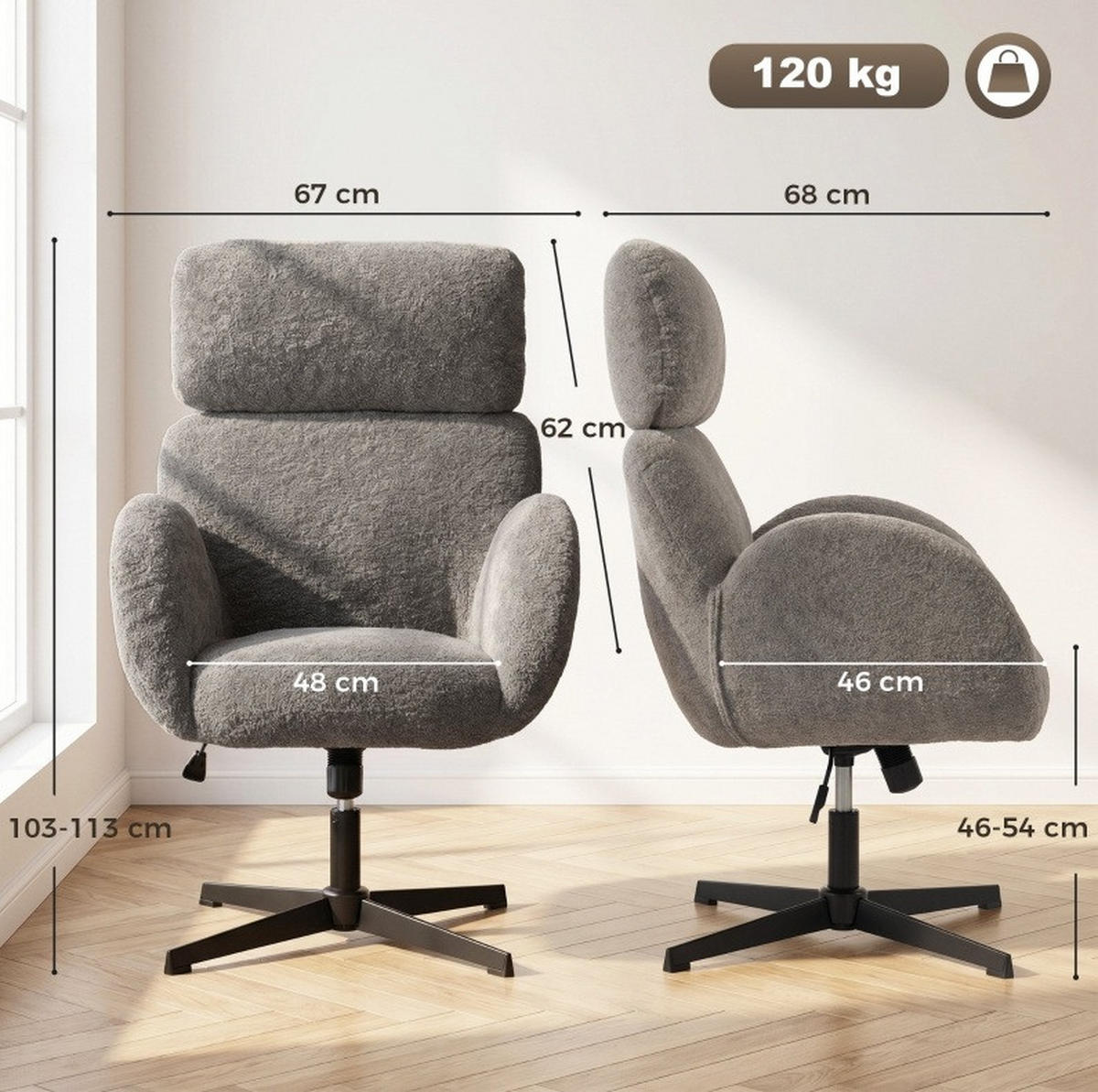 BÜROSTUHL in Grau 67x68x113 cm mit verstellbarer Kopfstütze und Sitzhöhe - Grau, Textil (68/113/67cm) - IVMEU