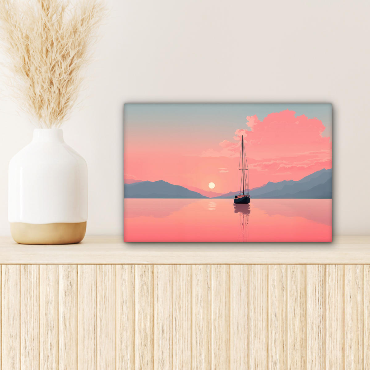 LEINWANDBILD Segelboot - Rosa Meer - Sonnenuntergang - Berge Deko Schlafzimmer 30x20 cm - Rosa, Textil (30/20cm) - MuchoWow
