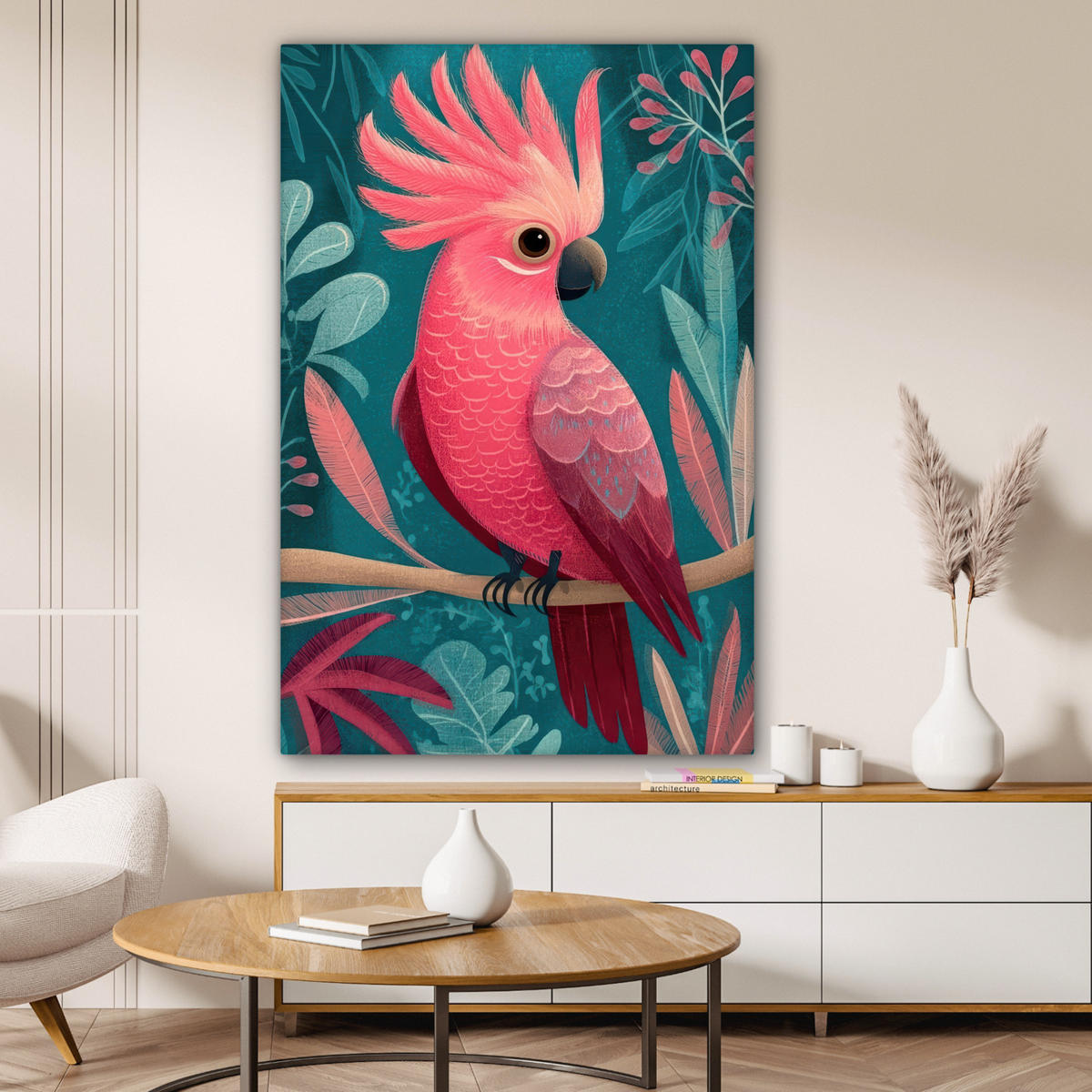 LEINWANDBILD Kakadu - Tropische Blätter - Zweig Deko XXL 80x120 cm - Petrol, Textil (80/120cm) - MuchoWow