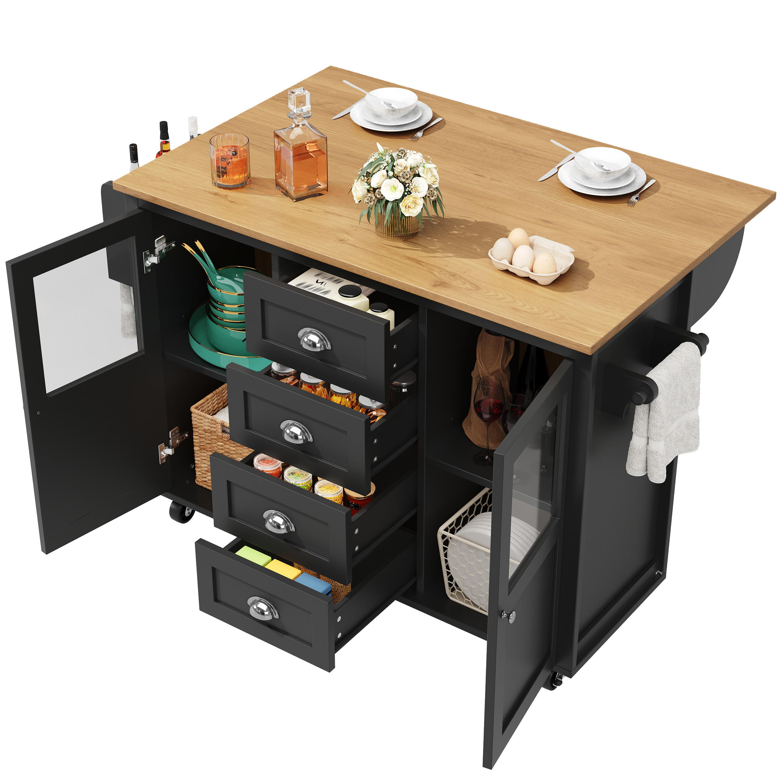 KÜCHENINSEL mit Rollen 137,9/73/92,5 cm Schwarz mit 4 Schubladen und Klapptisch - Schwarz, Holz/Holzwerkstoff (137.9/92.5/73cm) - Oxeza