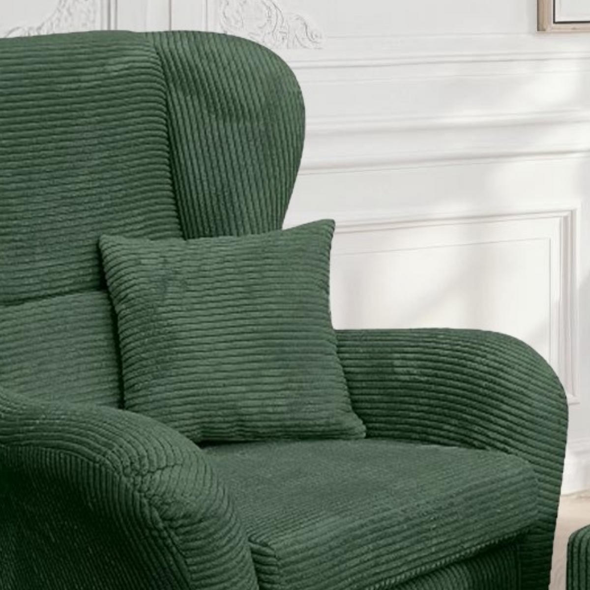 OHRENSESSEL mit HOCKER, hoher Sitzkomfort durch Wellenunterfederung B90/H98/T76 cm, Cord Dunkel-Grün / 18018 - Schwarz/Grün, Holz/Textil (90/98/76cm) - luma-home