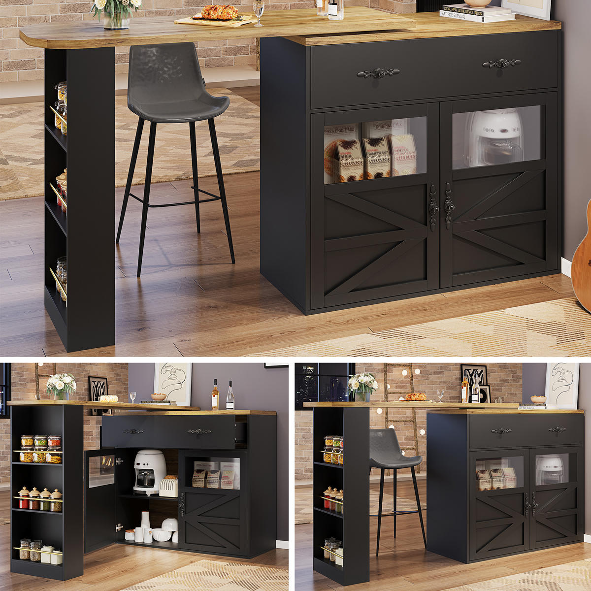 BARTISCH Ausziehbar 360° Drehbar Kücheninsel Schwarz - Schwarz, Holzwerkstoff (39/138/104cm) - FLIEKS