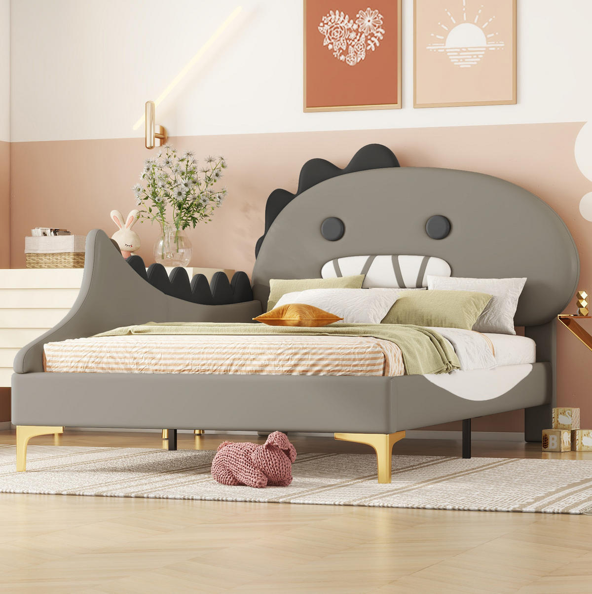 KINDERBETT 90/200 cm aus PU und MDF mit Dino-Kopfteil Grau - Grau, Kunststoff (90/200cm) - Modenvie
