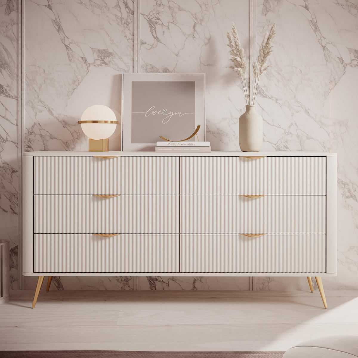 SIDEBOARD Flore 163 cm Beige / Gold - mit 6 Schubladen und Riffel-Optik - Beige/Gelb, Holz/Holzwerkstoff (163/81/38cm) - Ravio