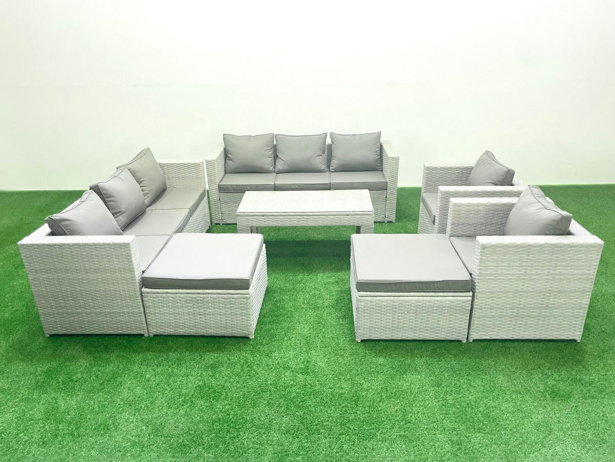 GARTENSOFA hohe Rückenlehne Polyrattan Hellgrau-Mix 10-Sitzer - Hellgrau/Grau, Glas/Kunststoff - Fimous