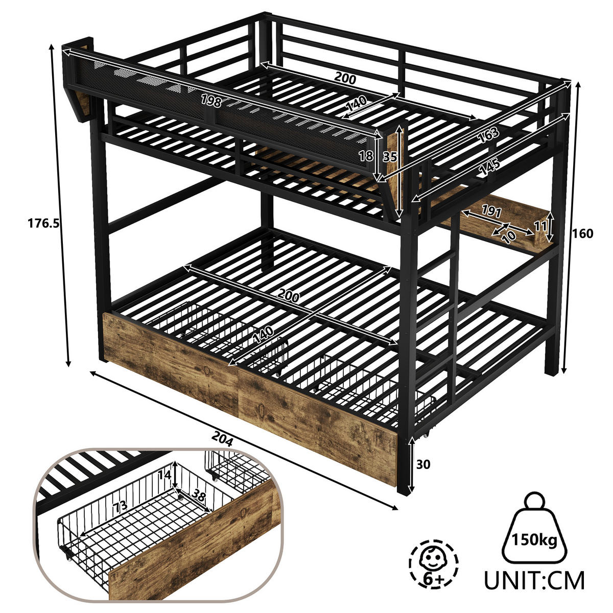 ETAGENBETT 140/200 cm in Schwarz mit LED, Regal, Körben und Schubladen - Schwarz, Holzwerkstoff/Metall (140/200cm) - WISHDOR