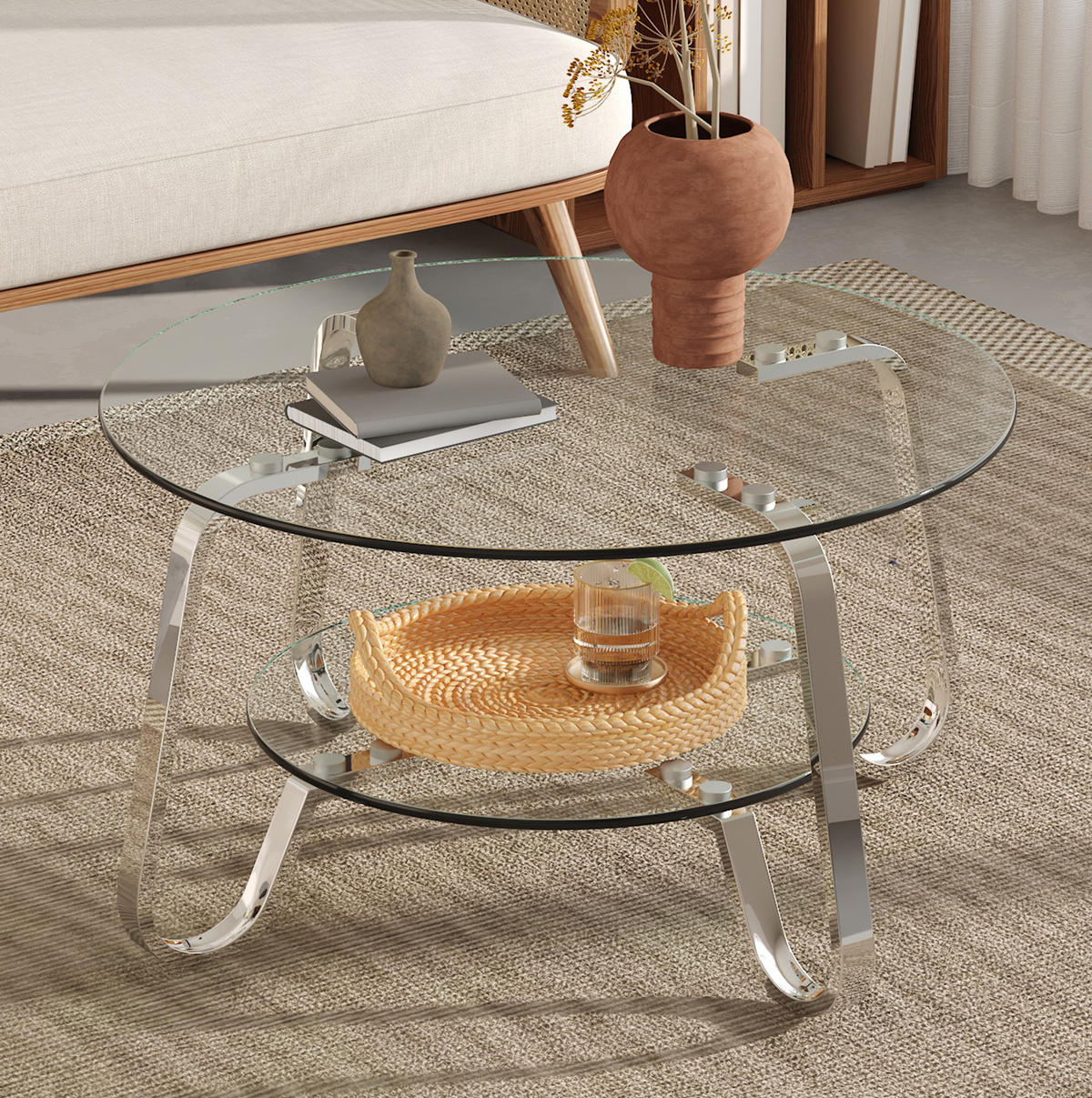 COUCHTISCH aus Metall 80x80x45 cm und Glas Silber mit 2 Ablageebenen - Silberfarben, Glas (80/80/45cm) - IVMEU