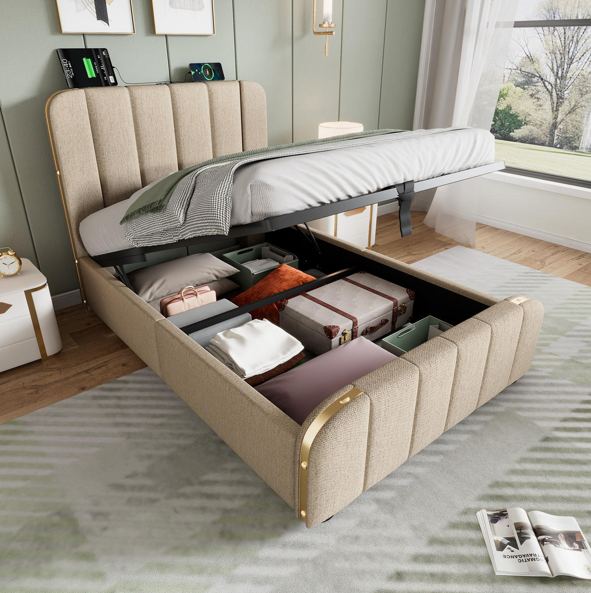 POLSTERBETT 90/200 cm mit Bettkasten, USB-C und gepolstertem Kopfteil in Beige - Beige, Textil (90/200cm) - BEAOK