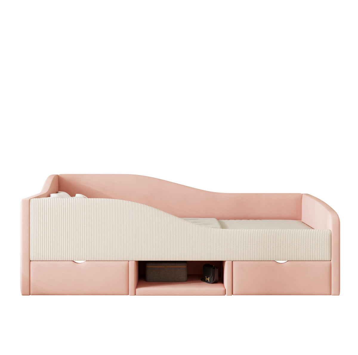 KINDERBETT 90/190 cm mit 2 Schubladen, Schutzgittern und Stauraum aus Samtstoff, Rosa/Cremeweiß - Rosa, Textil (90/190cm) - Redom