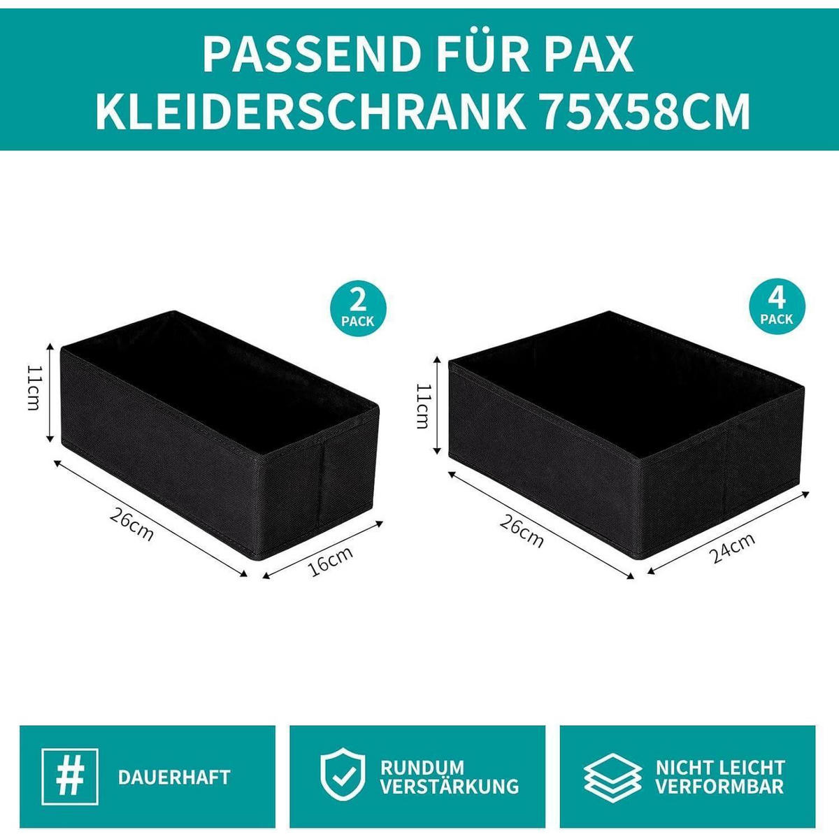 SCHUBLADEN Organizer 6er Set Schwarz für PAX Schrank 75x58 cm - Schwarz, Textil (28/12/28cm)