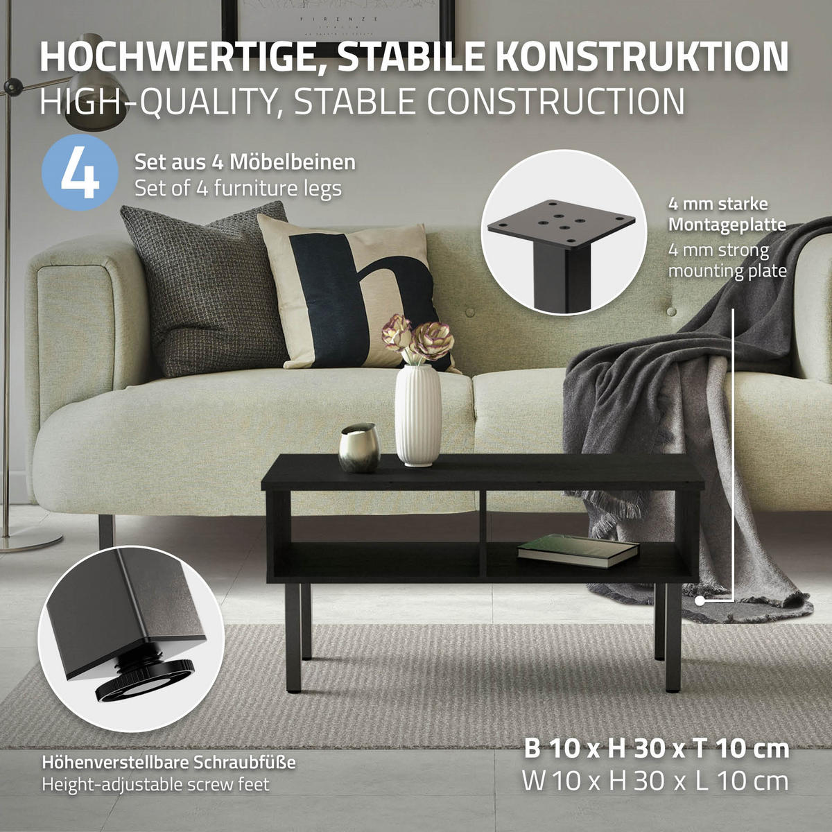 TISCHBEINE 4er Set I-Design H:30 cm Dunkelgrau 4x4 cm - Dunkelgrau, Metall (4/30/4cm) - ML-DESIGN