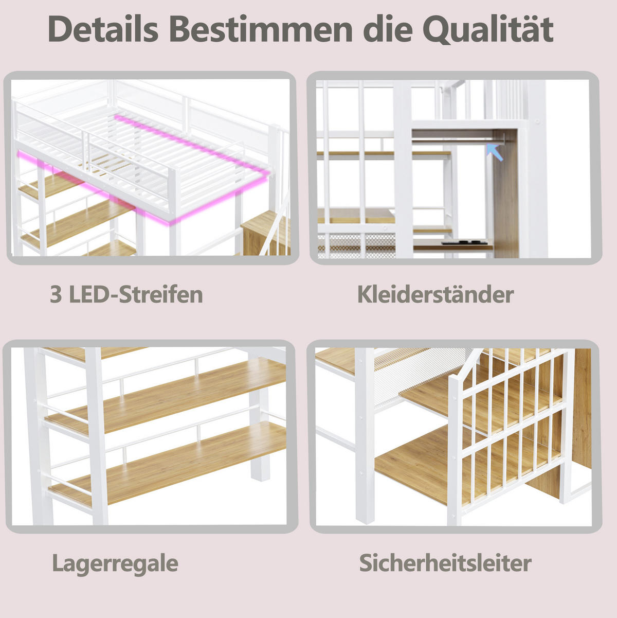 HOCHBETT 90/200 cm aus Metall mit Schreibtisch, Regal und LED-Beleuchtung Weiß - Weiß, Metall (90/200cm) - Modenvie