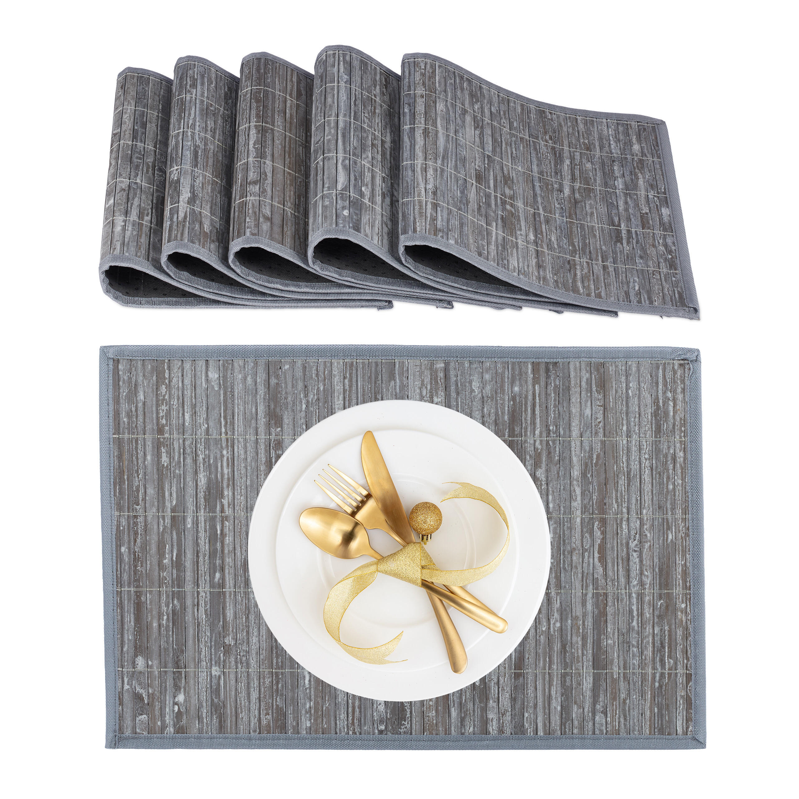 TISCHSET 6-tlg. - Grau, Holz/Textil (30/45/0.3cm) - Relaxdays